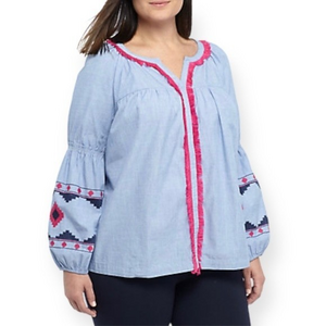 Crown & Ivy Vertical Stripe Woven Knit Peasant Top Embroidery Sleeves Size PL‎